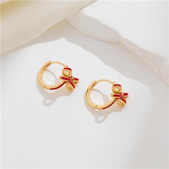 Lovely Bow Hoop Earrings – Red Accent Huggie Hoops, Cute Lightweight Jewelry - Picture 2 of 5